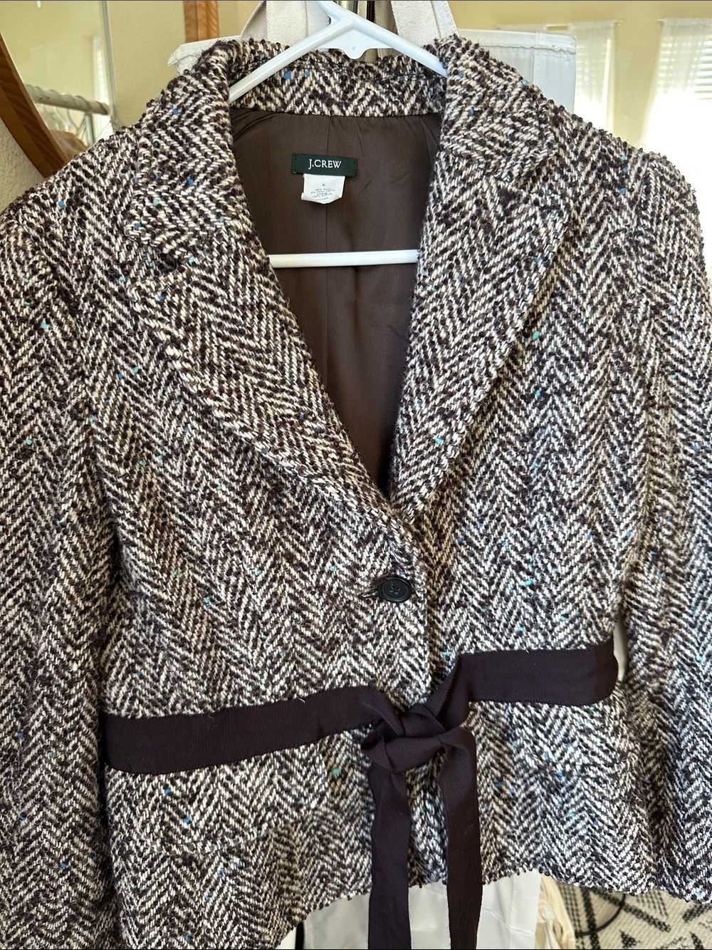 J. Crew Brown and Cream Herringbone Tie-Waist Blazer